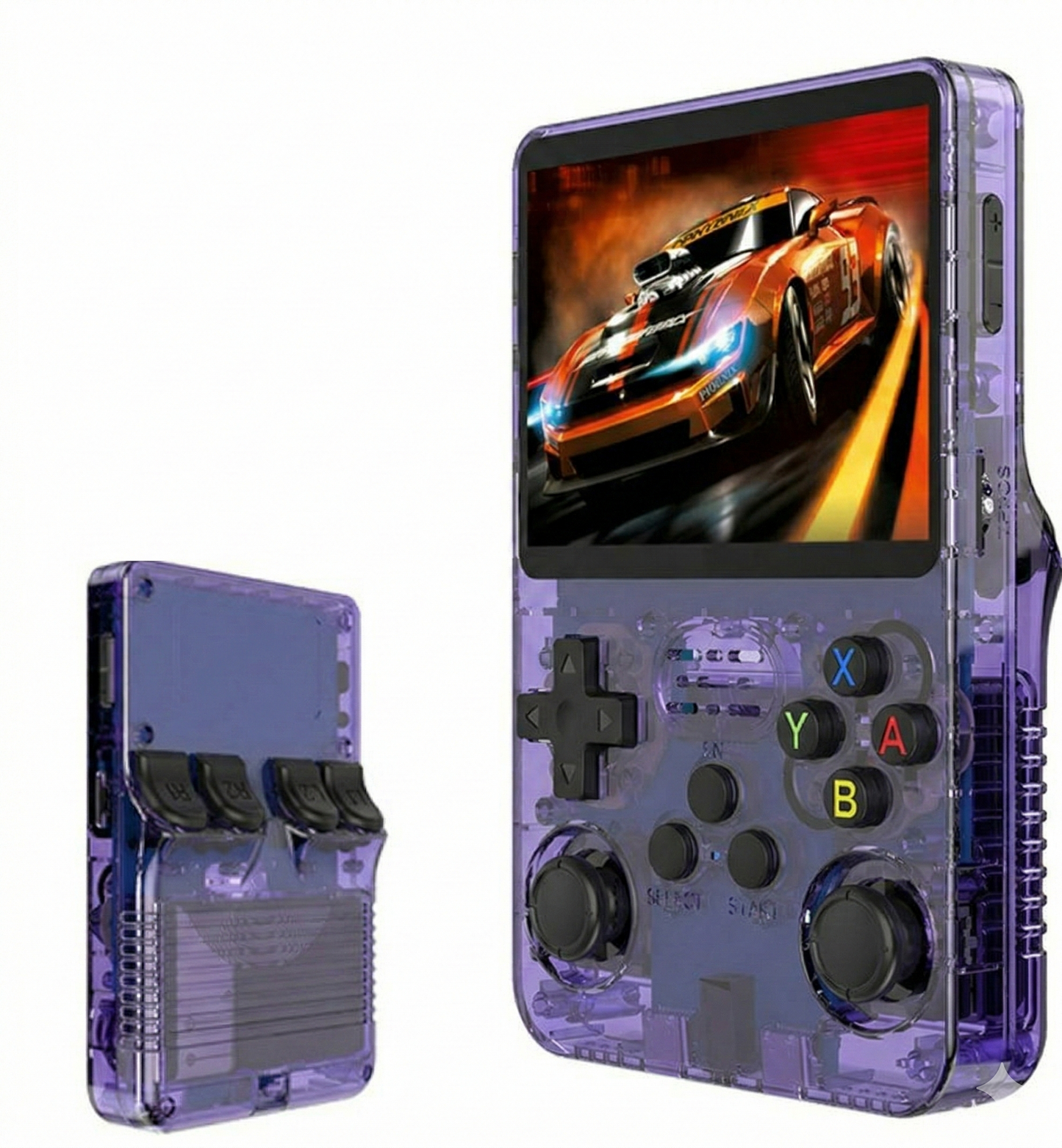 The PixelArcade Pro™ Retro Game Console, in purple transparent, is shown from the front and back. Its display features a racing car game, plus a D-pad, joysticks, and colorful buttons for portable retro gaming fun.