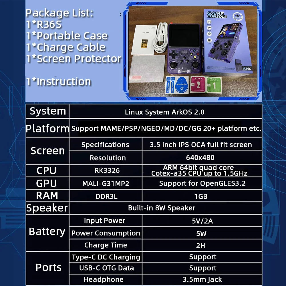 The PixelArcade Pro™ – Classic Gaming in Your Hands offers detailed system specs, screen, CPU, GPU, RAM, battery info, ports, and a full package list—perfect for retro fans with preloaded classic games.