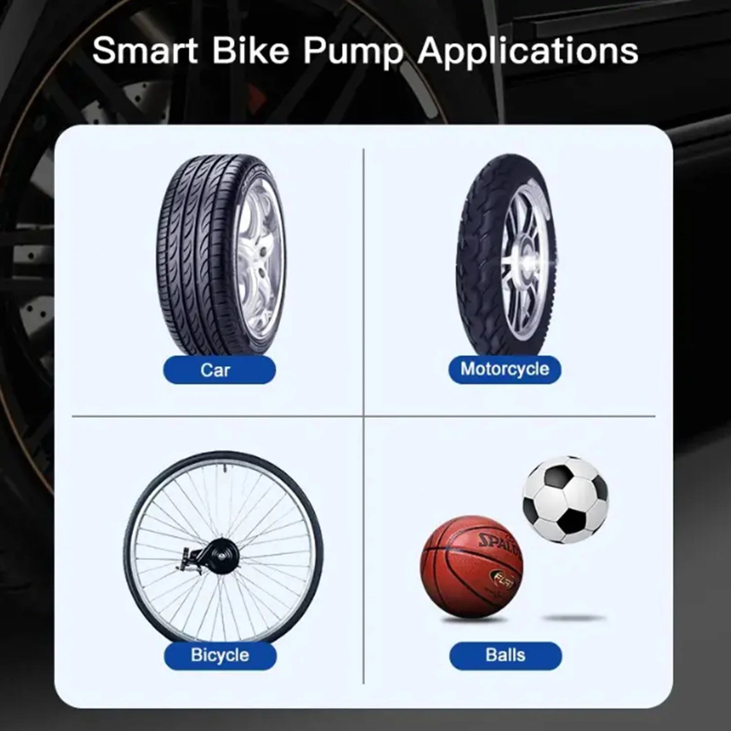 A chart titled AirBolt™ Applications displays icons for car, motorcycle, bicycle, and sports balls, highlighting the cordless tire inflator’s versatility for inflating tires and balls anytime, anywhere.