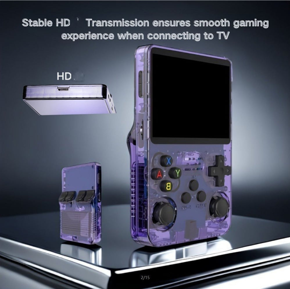 The PixelArcade Pro™ Retro Game Console (20,000 Built-In Games) in purple transparent is shown standing upright with an HD adapter and TV, demonstrating stable HD transmission for smooth pocket gaming and highlighting easy TV connectivity.