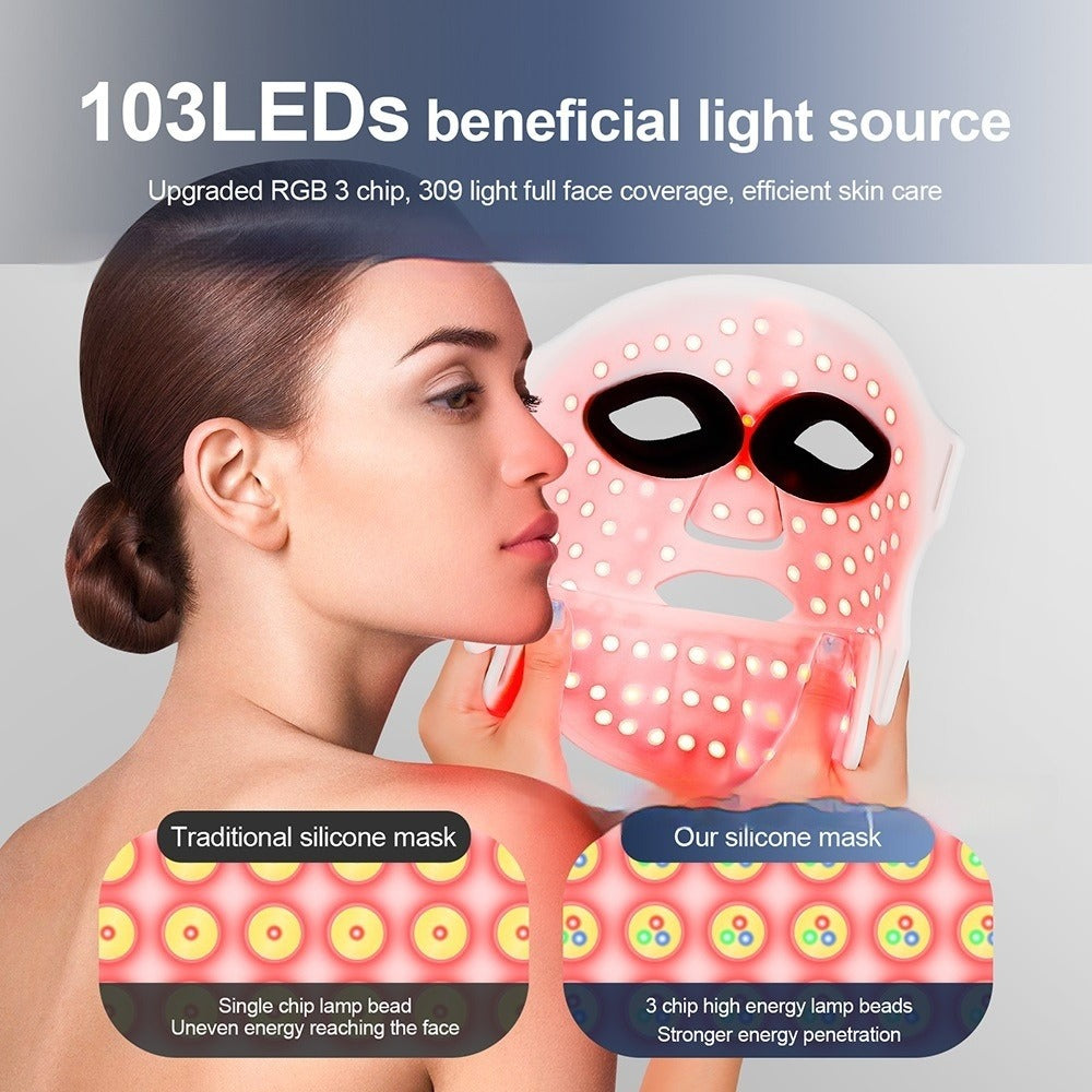 A woman holds the LumiLift™ Red Light Therapy Silicone Face Mask, showcasing its 103 LEDs and skin care benefits. Diagrams highlight its superior, even light distribution compared to a traditional silicone face mask.