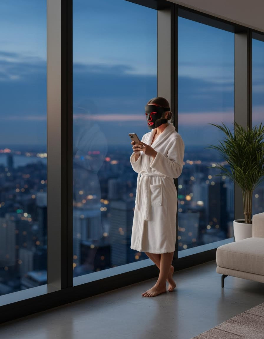 A person in a white bathrobe stands barefoot by a large window at dusk, wearing the LumiLift™ Red Light Therapy Silicone Face Mask and using a smartphone. A green potted plant and sofa are nearby, with the city skyline visible outside.