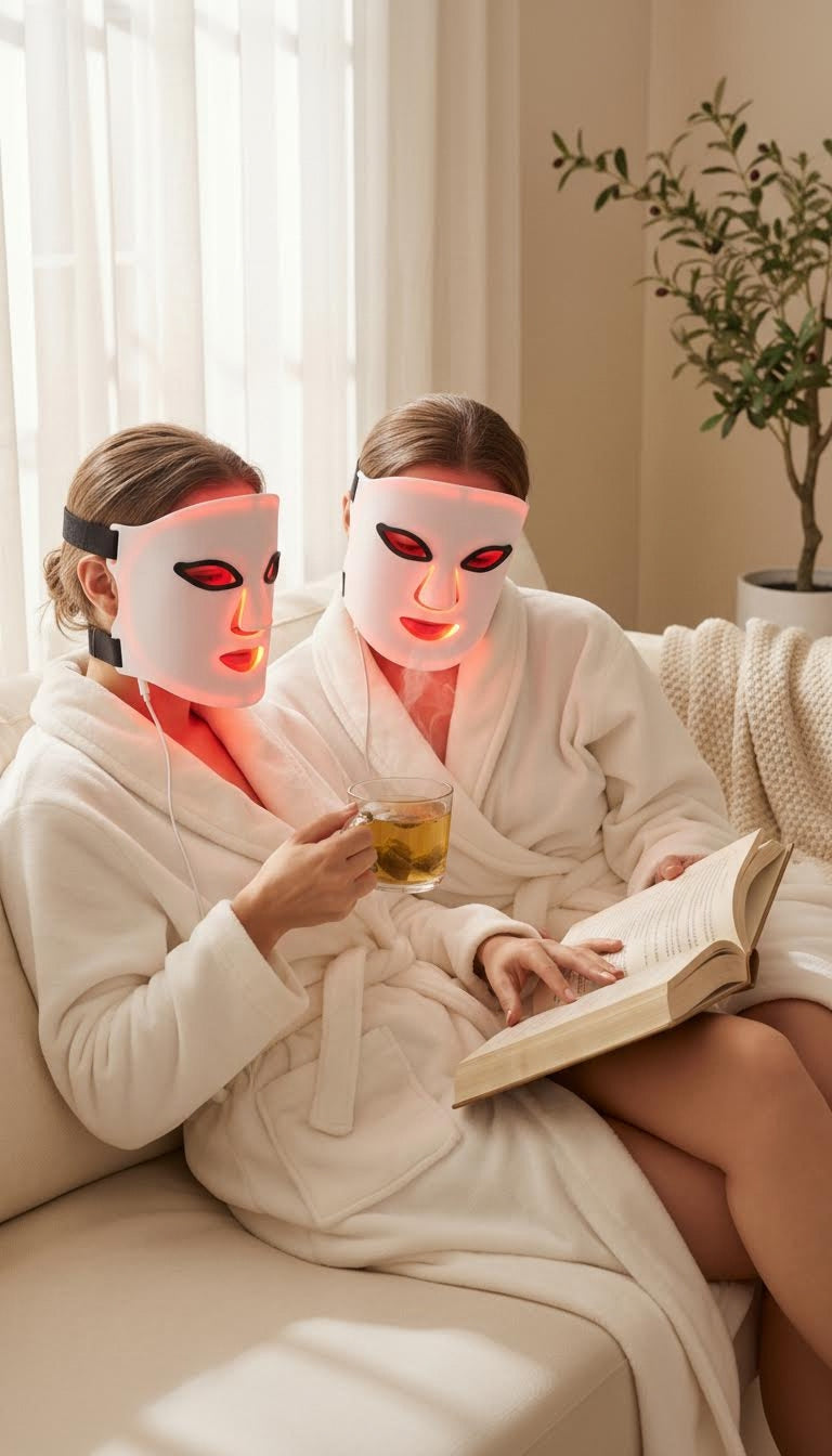 Two people in white robes relax on a couch, each wearing the LumiLift™ Red Light Therapy Silicone Face Mask. One sips tea while the other points at an open book, both enjoying the cozy, softly lit room.
