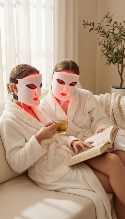 Two people in white robes relax on a couch, each wearing the LumiLift™ Red Light Therapy Silicone Face Mask. One sips tea while the other points at an open book, both enjoying the cozy, softly lit room.
