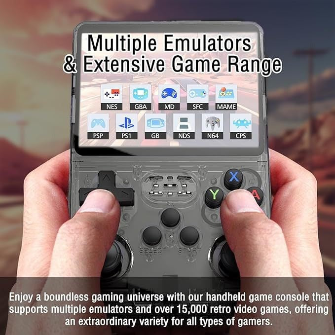 A person holds the PixelArcade Pro™ Retro Game Console (20,000 Built-In Games), showing emulator icons for GBA, MAME, PSP, and NES—highlighting classic titles and wide emulator support for pocket gaming anywhere.
