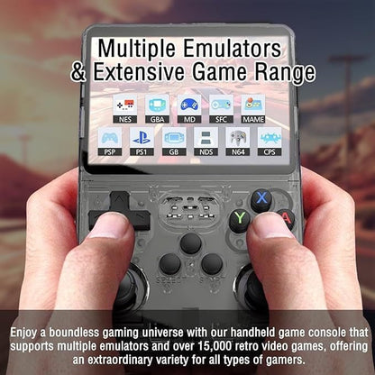 A person holds the PixelArcade Pro™ Retro Game Console (20,000 Built-In Games), showing emulator icons for GBA, MAME, PSP, and NES—highlighting classic titles and wide emulator support for pocket gaming anywhere.