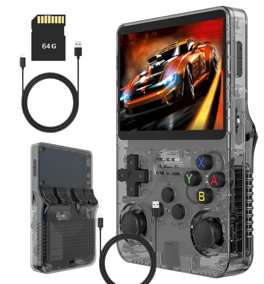 The PixelArcade Pro™ Retro Game Console (20,000 Built-In Games) features a transparent design, racing game display, USB charging cable, 64GB memory card, and rear-view showing battery compartments—ideal for pocket gaming.