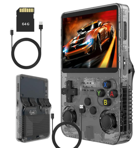 The PixelArcade Pro™ Retro Game Console (20,000 Built-In Games) features a transparent design, racing game display, USB charging cable, 64GB memory card, and rear-view showing battery compartments—ideal for pocket gaming.