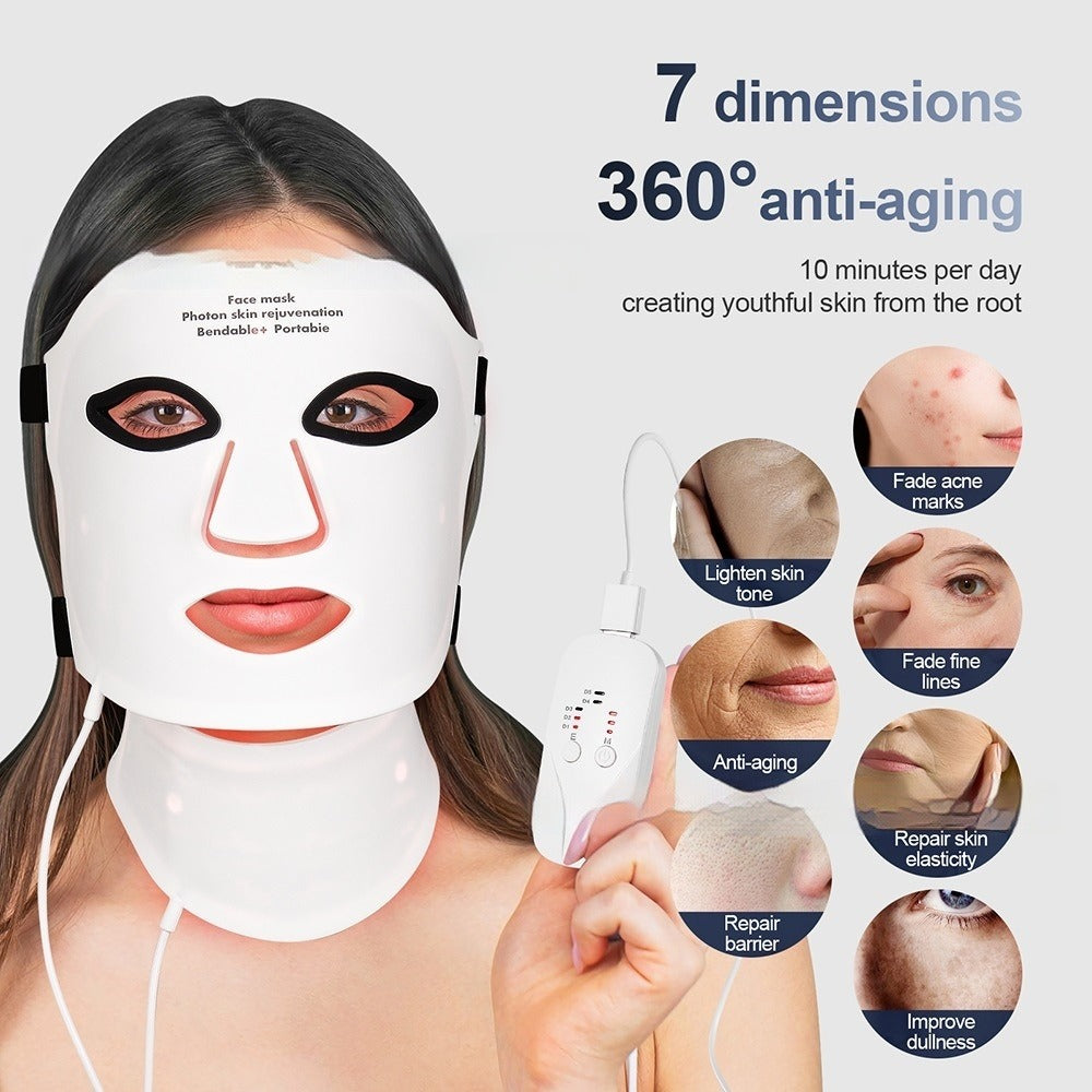 A woman wears the LumiLift™ Red Light Therapy Silicone Face Mask, connected to its control device. Circular images highlight benefits like anti-aging, fading acne marks, and improved skin elasticity from this innovative mask.