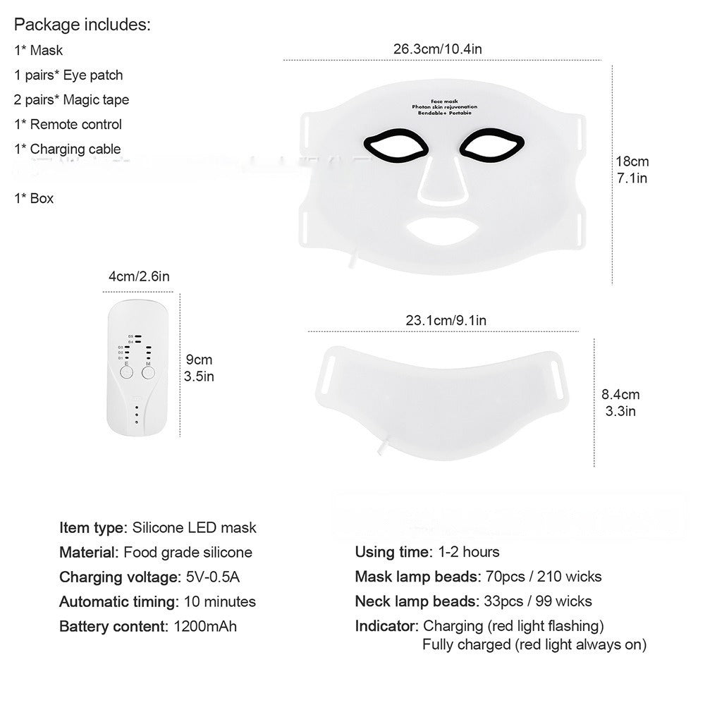 The LumiLift™ Red Light Therapy Silicone Face Mask info sheet displays images and dimensions of the mask, remote, and chin band, plus package contents, specs, power details, red light therapy use times, and charging information.