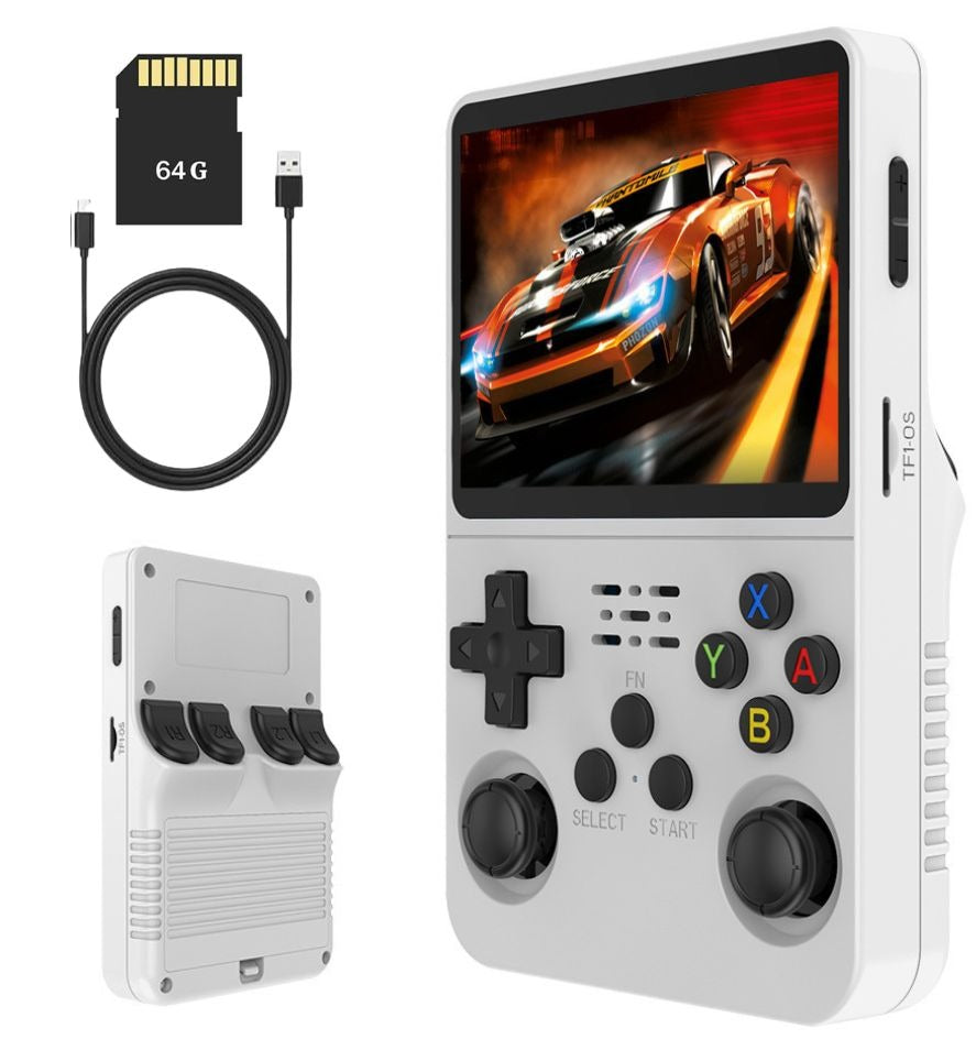 The PixelArcade Pro™ Retro Game Console (20,000 Built-In Games) in white is shown with dual joysticks, buttons, a 64GB SD card, and USB cable, playing a car racing game—perfect for pocket gaming on the go.