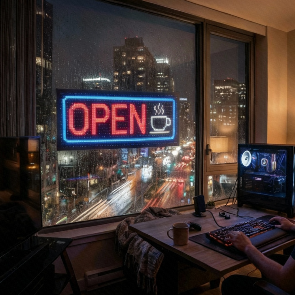 A person uses a computer in a cozy room at night as rain-soaked city streets glisten outside. The Smart LED Pixel Panel – Light Up Your Space with Custom Animations glows beside an OPEN coffee sign, illuminating the scene.