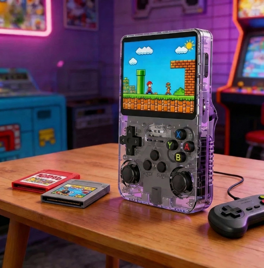 The PixelArcade Pro™ Retro Game Console (20,000 Built-In Games) sits on a wooden table with two game cartridges and a controller, set against arcade machines and neon lights, capturing the spirit of classic pocket gaming.