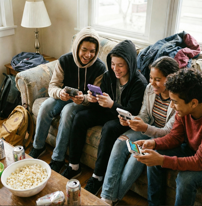 Four teenagers relax on a couch, smiling and gaming together with the PixelArcade Pro™ Retro Game Console (20,000 Built-In Games). A table with popcorn and sodas adds to the cozy, fun atmosphere.