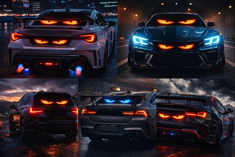 A Smart LED Pixel Panel displays cars at night with glowing cartoon angry eyes, enhanced by dynamic lighting. City lights and wet streets shimmer in the background, amplifying the animated, menacing look—customize with unique animations.