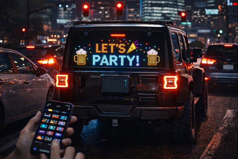 A person holds a phone with app icons while a car ahead displays the Smart LED Pixel Panel on its rear window, glowing with dynamic lighting and colorful 
