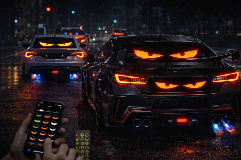 Two sleek sports cars on a rainy city street feature glowing, animated angry eyes on their rear windows, created with the Smart LED Pixel Panel—Bluetooth-enabled and customizable via smartphone and remote.