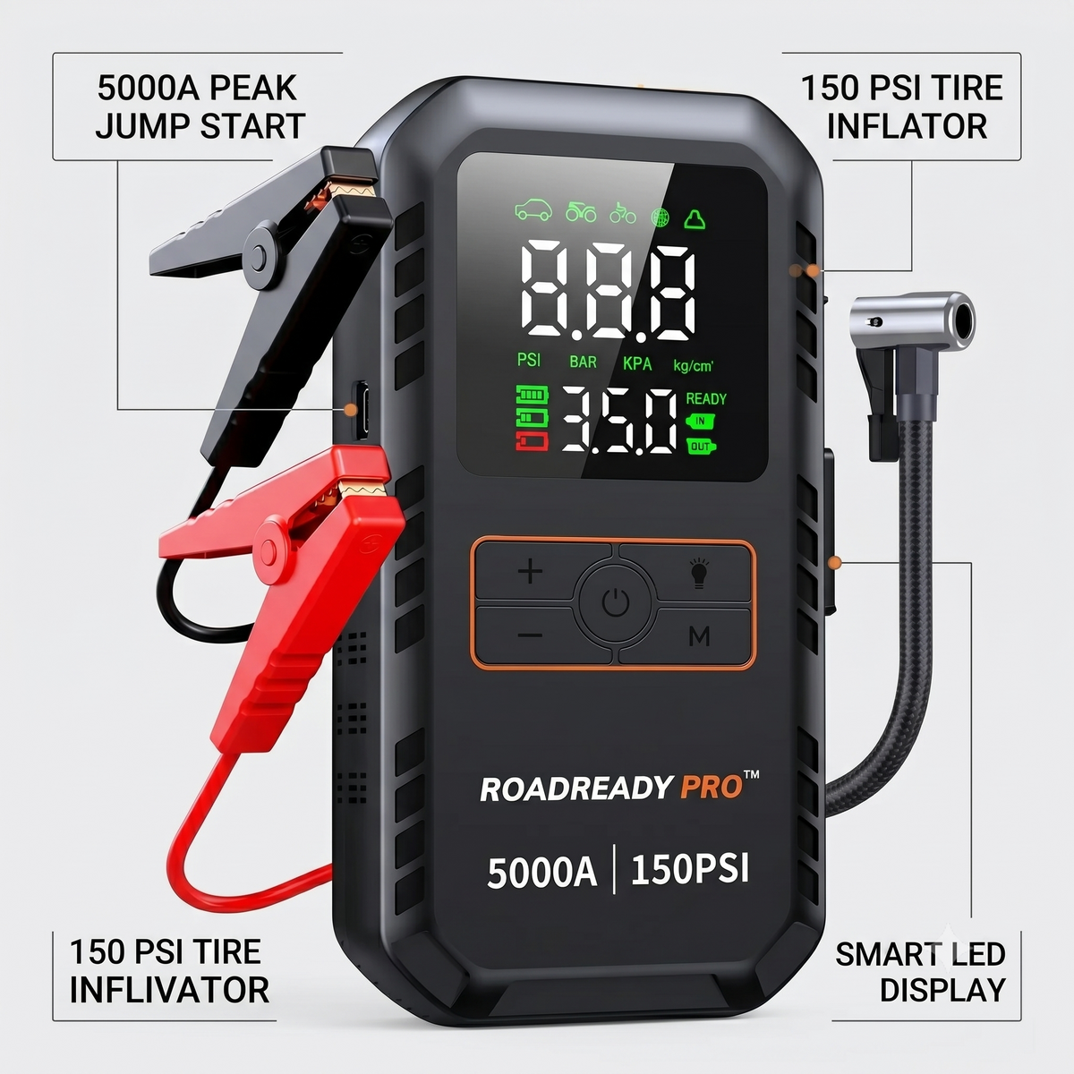 RoadReady Pro™ 4-in-1 Jump Starter & Tire Inflator