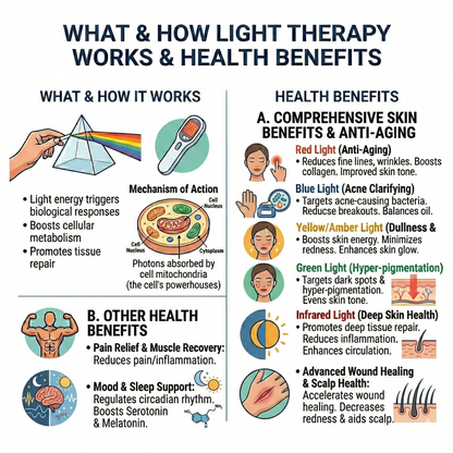 Infographic explains how the LumiLift™ Smart LED Red Light Therapy Mask benefits anti-aging, skin healing, pain relief, better sleep, and wound recovery—featuring icons for LED facial masks and flexible silicone designs.