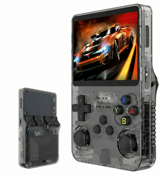 The PixelArcade Pro™ Retro Game Console, a transparent handheld with color screen, shows a racing car game beside its rear view revealing battery slots and shoulder buttons. The front includes a D-pad, A/B/X/Y buttons, and dual joysticks for portable gaming.