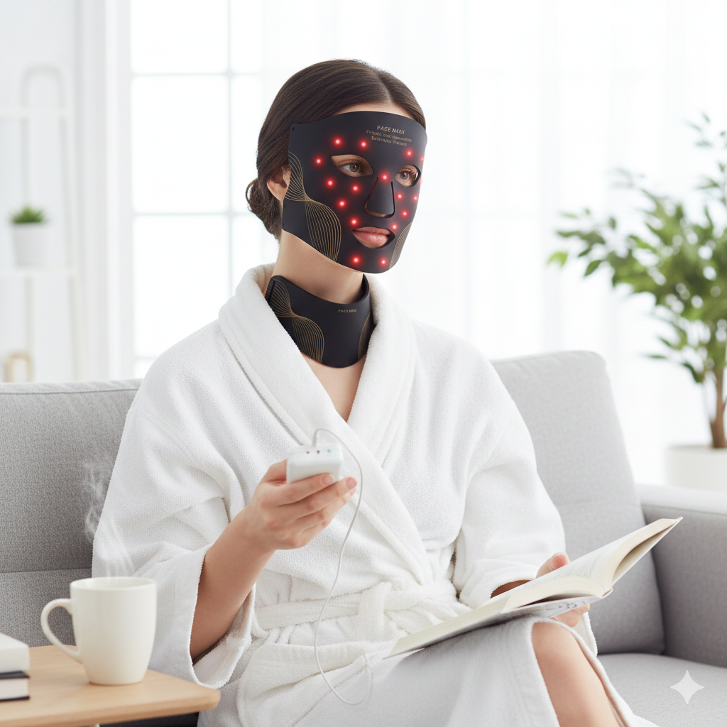 A woman in a white robe relaxes on a couch, reading while wearing the LumiLift™ Red Light Therapy Silicone Face Mask and matching neck device. She holds a remote; beside her are a mug and an open book on the table.