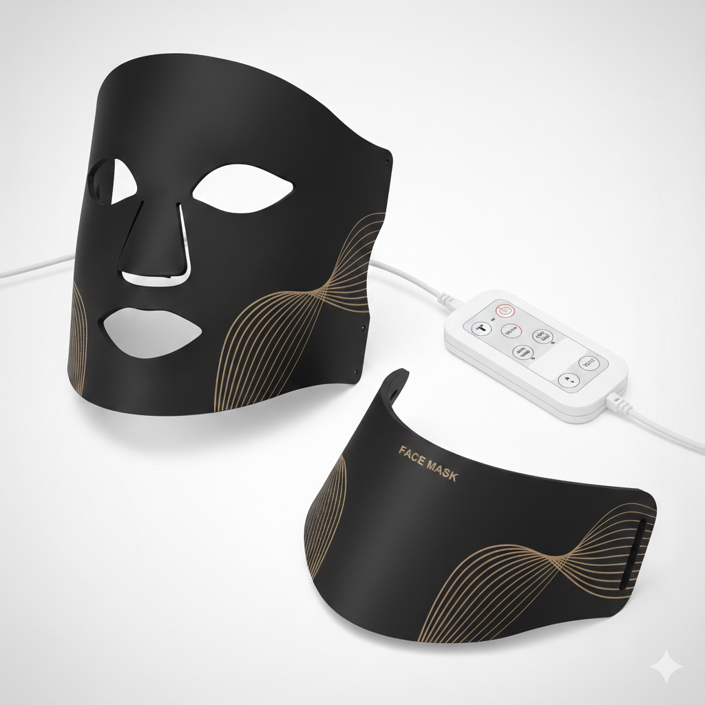The LumiLift™ Red Light Therapy Silicone Face Mask is a black silicone mask with gold waves, split into two sections, connected to a white control panel with buttons, shown against a light background.