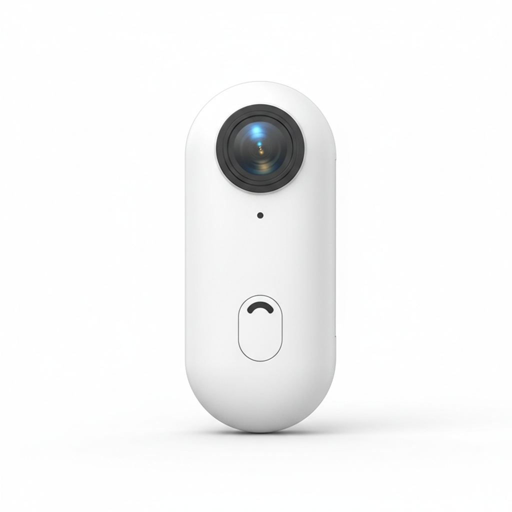 The ClipCam Lite™ 4K Adventure POV Cam is a compact, white, oval 4K action camera featuring a round lens at the top and a single button below, displayed on a plain white background.