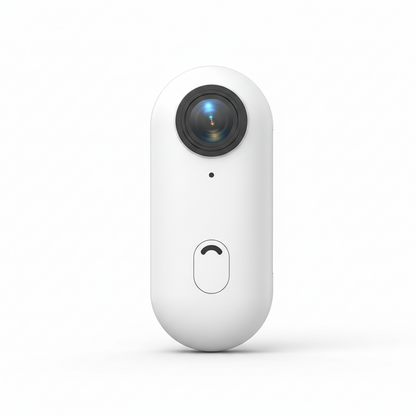 The ClipCam Lite™ 4K Adventure POV Cam is a compact, white, oval 4K action camera featuring a round lens at the top and a single button below, displayed on a plain white background.