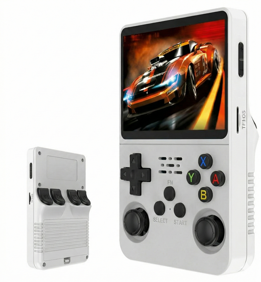 Two white PixelArcade Pro™ Retro Game Consoles are shown—one with a racing game on the screen, the other showing cartridge slots. Both have front buttons and joysticks for portable play and access to 20,000 classic games.