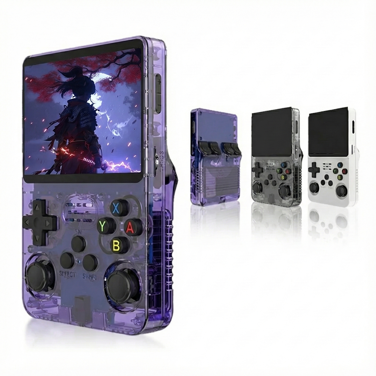 The PixelArcade Pro™ Retro Game Console (20,000 Built-In Games) is shown in transparent purple with a large display, next to three other pocket consoles in purple, gray, and white.