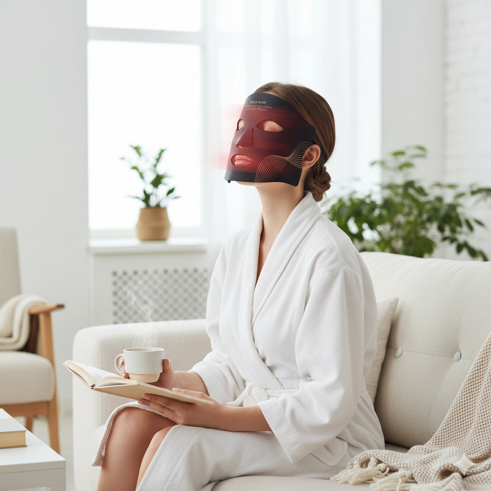 A woman in a white robe relaxes on a sofa with a cup of coffee and an open book, enjoying her LumiLift™ Smart LED Red Light Therapy Mask in a bright, cozy living room filled with plants.