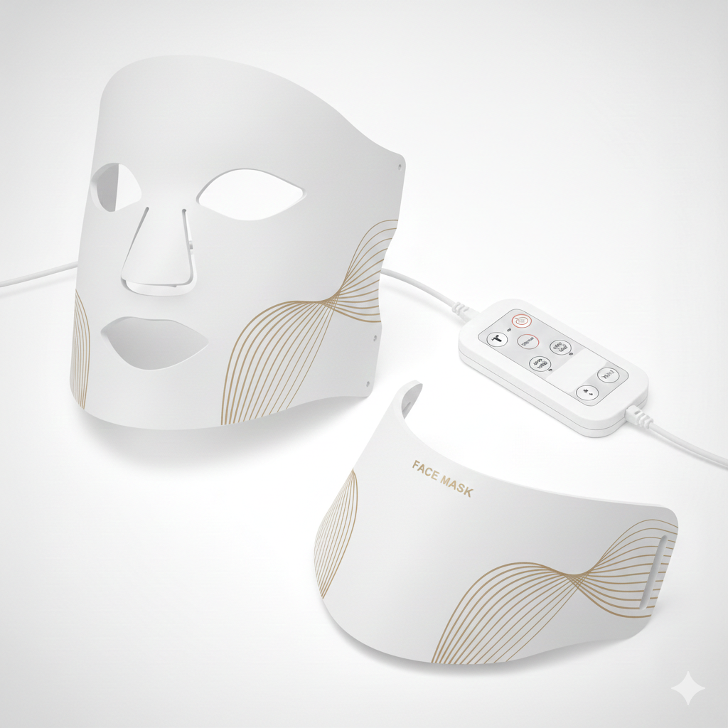 The LumiLift™ Red Light Therapy Silicone Face Mask is a white LED mask with gold wave patterns, eye/nose/mouth cutouts, a matching chin piece labeled FACE MASK, and a white wired remote for easy control.