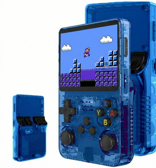 The PixelArcade Pro™ Retro Game Console is a blue transparent handheld device with a retro platform game on its screen, featuring a D-pad, colorful buttons, and joystick. Another unit displays the back view of this portable gaming console.
