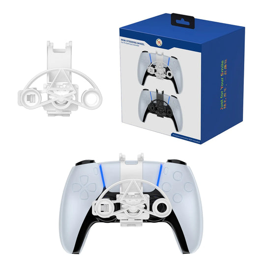 The RaceGrip Mini for PS5—a white and black controller with a white racing wheel attachment—is shown beside its box, which highlights the controller and accessory for an immersive driving experience.