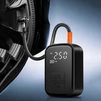 The AirBolt™ Cordless Tire Inflator, with a compact black design and digital display showing 2.50 bar while attached to your car tire, makes inflating tires easy and efficient anywhere.