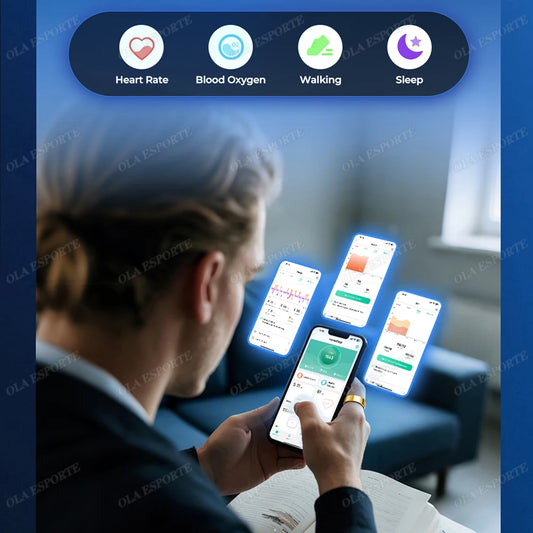 A man in a suit uses the VitalSync™ Smart Health Ring app, showing sleep and heart rate stats. Icons highlight vital signs, while app screens display charts and health data—all features compatible with the stylish smart wellness ring.