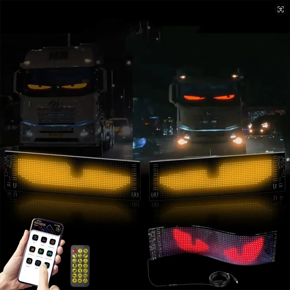 The Smart LED Pixel Panel displays animated, angry eyes on truck windshields using dynamic lighting. Control the Bluetooth-enabled panel with a smartphone app or remote for custom animation adjustments at night.