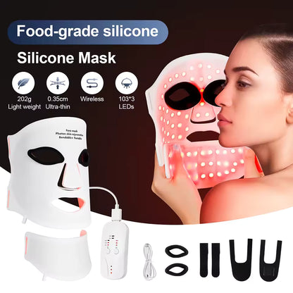 A woman holds the LumiLift™ Red Light Therapy Silicone Face Mask to her face. This wireless, ultra-thin (0.35cm), lightweight (202g) mask made from food-grade silicone emits red light with 103+ LEDs. Accessories are displayed below.