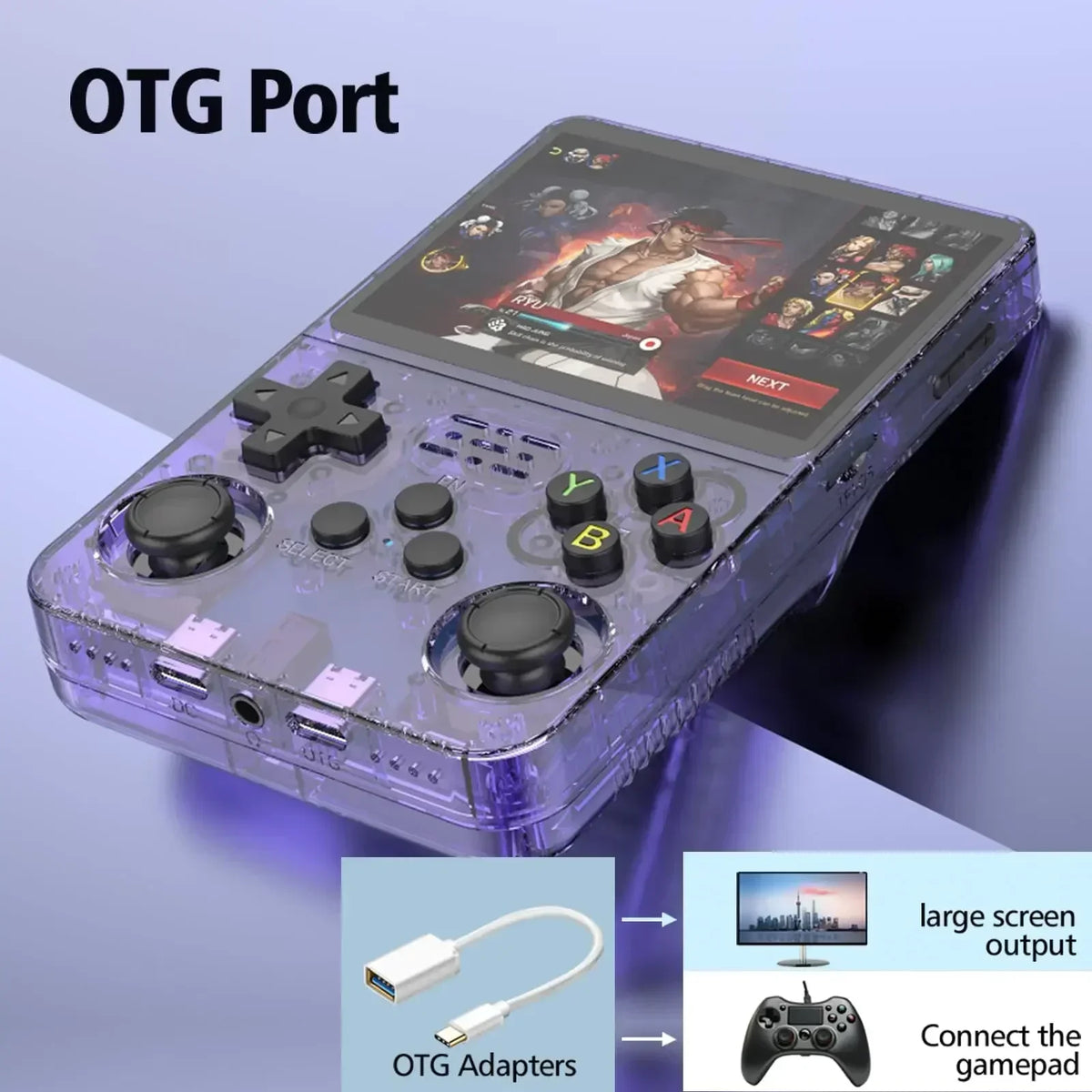 The transparent PixelArcade Pro™ Retro Game Console (20,000 Built-In Games) displays a fighting game. 