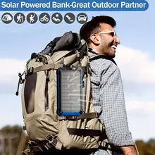 A man wearing sunglasses and a large hiking backpack with a wireless SolarCharge™ – Power On, Wherever You Go power bank smiles outdoors under a blue sky. Text above reads: Great Outdoor Partner, with activity icons.