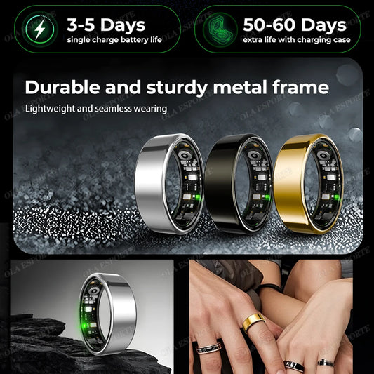 A promotional image showcases the VitalSync™ Smart Health Ring in silver, black, and gold with sleep tracking and 3-5 days battery life (up to 60 with a charging case), worn on fingers and displayed on a surface.