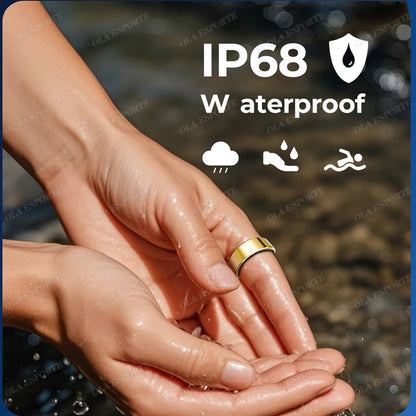 Close-up of hands holding the VitalSync™ Smart Health Ring – Track Your Wellness 24/7 in Style under running water, with IP68 Waterproof icons and text, showing it's resistant to rain, splashes, and swimming.