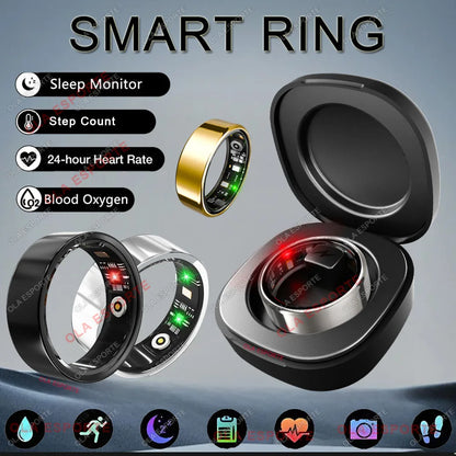 A promotional image of the VitalSync™ Smart Health Ring in black, silver, and gold showcases sleep tracking, step count, heart rate and blood oxygen monitoring, with a charging case displayed beside the stylish rings.