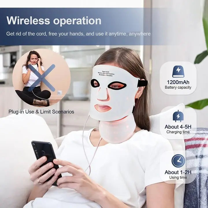 A woman relaxes on a couch wearing the LumiLift™ Red Light Therapy Silicone Face Mask, using her phone. Text highlights wireless use, large battery, and long usage time. An inset shows a corded facial device crossed out for comparison.