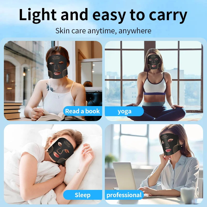 Four women use the LumiLift™ Red Light Therapy Silicone Face Mask while reading, doing yoga, sleeping, and working. The lightweight, portable design makes it perfect for anytime use.