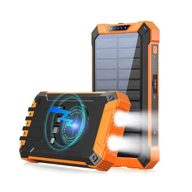 Two rugged SolarCharge™ portable chargers are shown: one features a solar panel and LED indicators, while the other serves as a wireless power bank with two bright LED flashlights on the side.