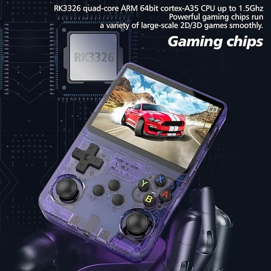 A transparent purple PixelArcade Pro™ Retro Game Console (20,000 Built-In Games) displays a racing game. Text highlights its RK3326 quad-core ARM 64-bit cortex-A35 CPU, advanced gaming chips, and support for 2D/3D classic and pocket gaming.