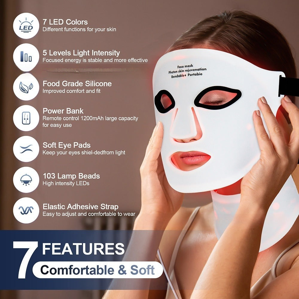 A person wears the LumiLift™ Red Light Therapy Silicone Face Mask with eye and mouth openings. Text highlights 7 features: food-grade silicone, 7 LED colors, adjustable intensity, power bank, soft eye pads, 103 lamp beads, and an elastic strap.