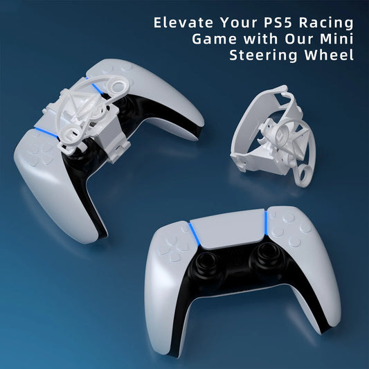 Three white and black PS5 controllers are shown, two fitted with RaceGrip Mini for PS5 steering wheel attachments. The text reads: Elevate Your Racing Game with RaceGrip Mini for an immersive driving experience.
