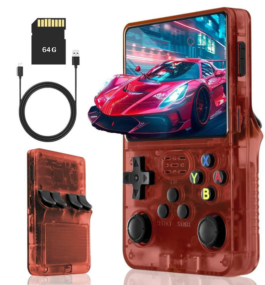 The PixelArcade Pro™ Retro Game Console features a translucent red pocket-sized design, colorful buttons, and a racing game display. Comes with 20,000 built-in games, 64GB memory card, and USB charging cable for endless retro gaming fun.
